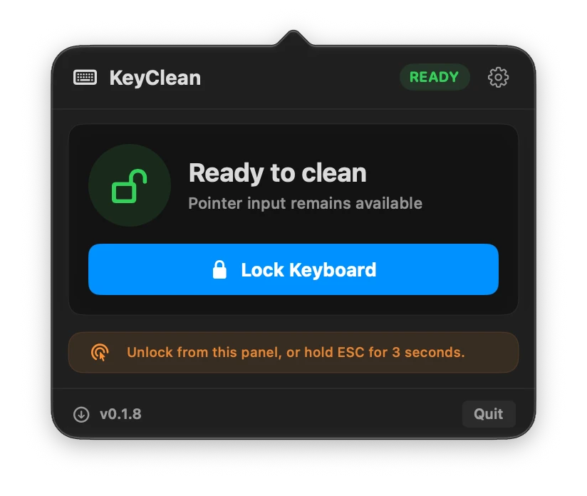 KeyClean ready-to-clean panel with a Lock Keyboard button, pointer-input availability and a three-second Escape unlock reminder.