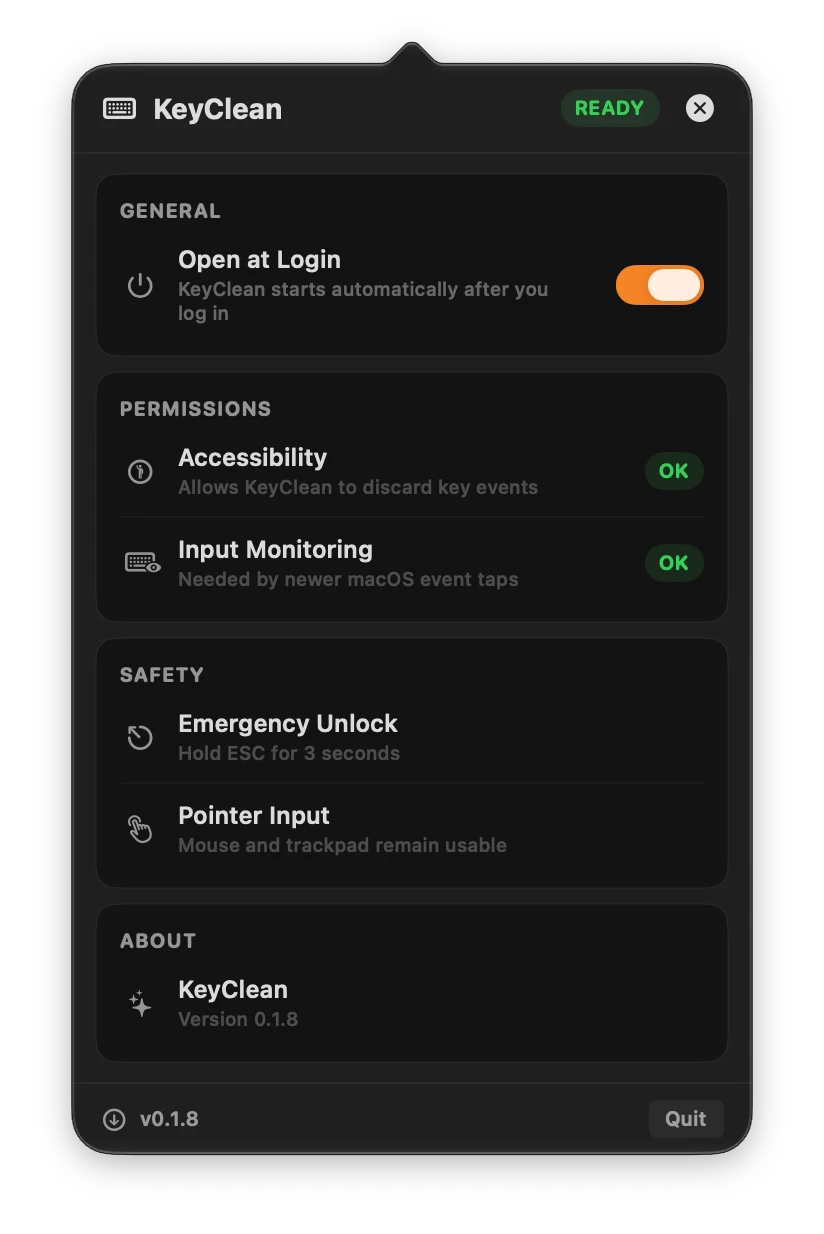 KeyClean settings showing Open at Login, Accessibility and Input Monitoring permissions, and the Escape and pointer-input unlock options.